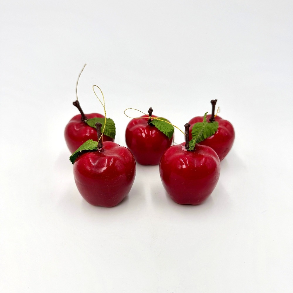 Vintage Style Red Apple Christmas Ornaments Set of 5 Faux Fruit Glossy Decor